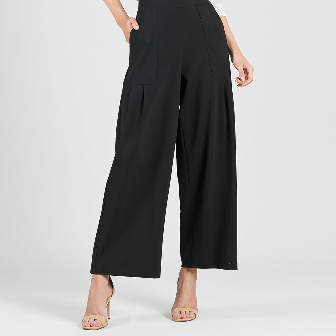 Rayon-Ponte Knit - Pleated Wide Leg Pocket Pant - Black | Clara Sunwoo Quality