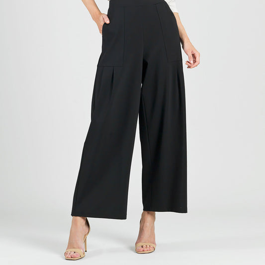 Rayon-Ponte Knit - Pleated Wide Leg Pocket Pant - Black | Clara Sunwoo Quality
