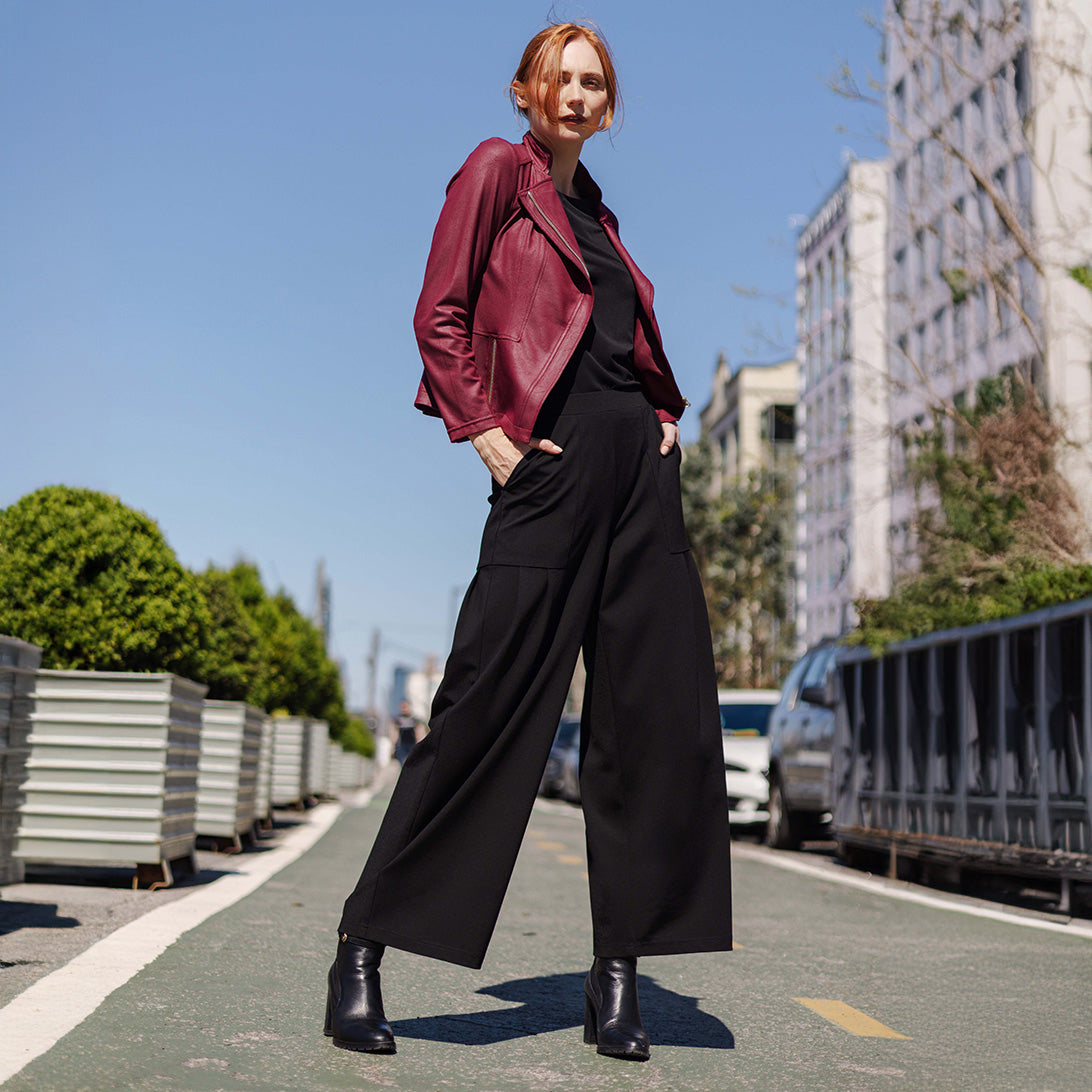 Rayon-Ponte Knit - Pleated Wide Leg Pocket Pant - Black | Clara Sunwoo Quality