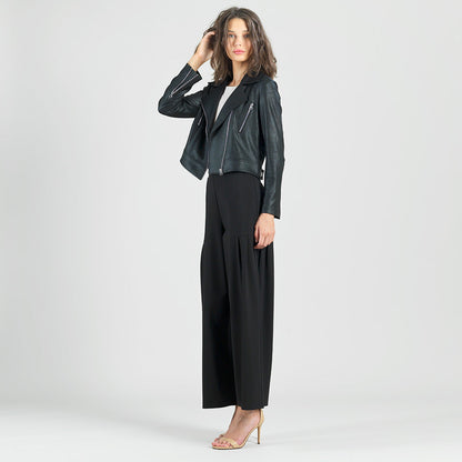 Rayon-Ponte Knit - Pleated Wide Leg Pocket Pant - Black | Clara Sunwoo Quality