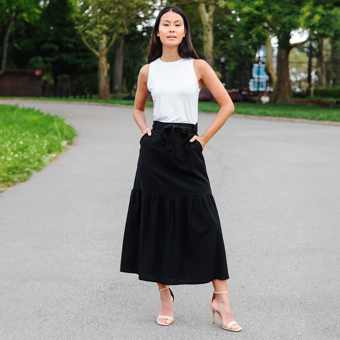 Linen Knit - Tie Waist Tiered Maxi Skirt - Black - Final Sale! | Clara Sunwoo Trusted