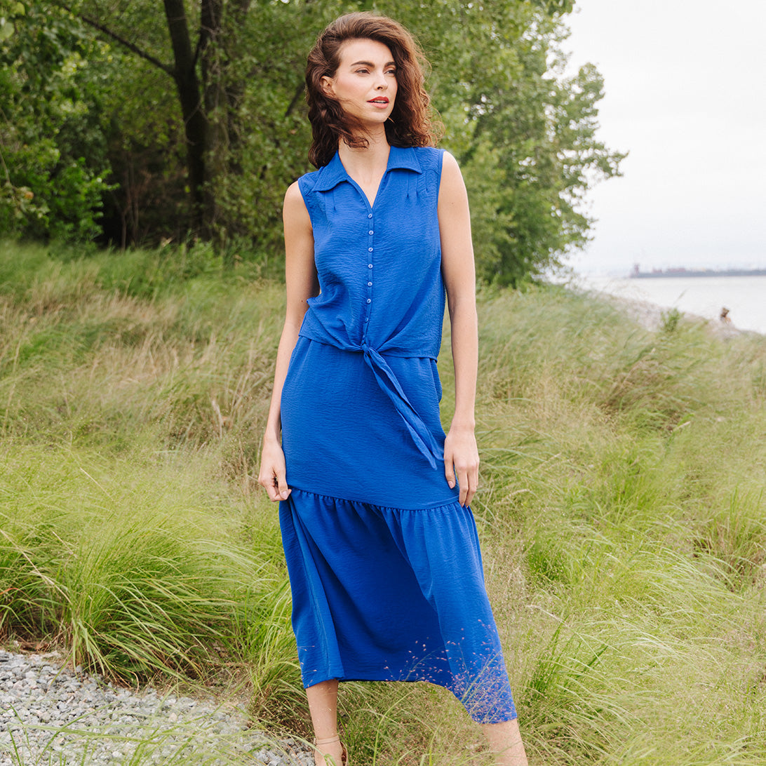 Soft Textured Rayon - Tie Waist Tiered Maxi Skirt - Cobalt - Final Sale! | Clara Sunwoo Trusted