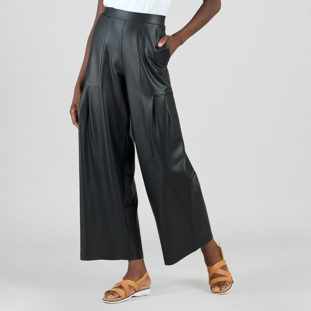 Liquid Leather™ - Sheen Pleated Wide Leg Pocket Pant - Black | Clara Sunwoo Everyday