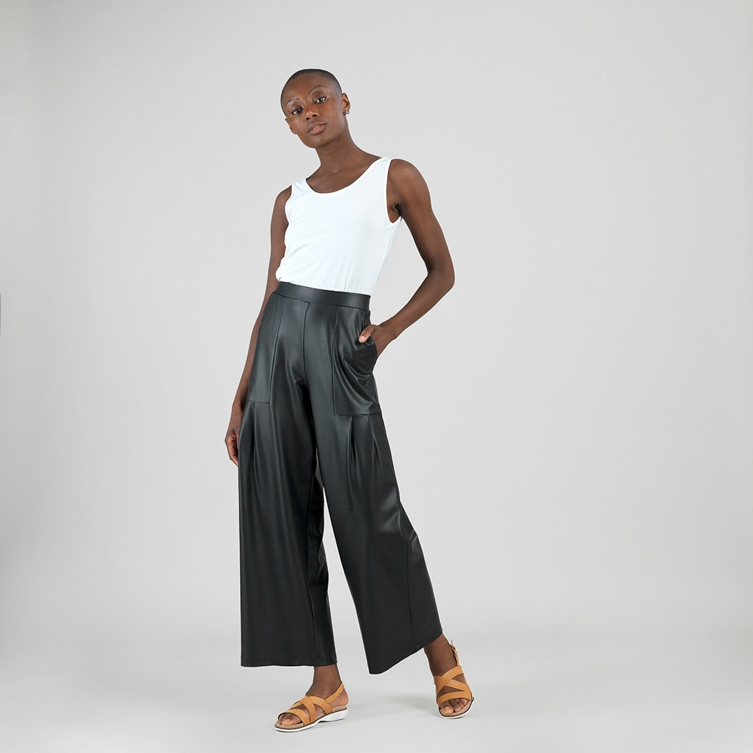 Liquid Leather™ - Sheen Pleated Wide Leg Pocket Pant - Black | Clara Sunwoo Everyday
