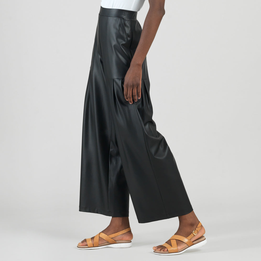 Liquid Leather™ - Sheen Pleated Wide Leg Pocket Pant - Black | Clara Sunwoo Everyday