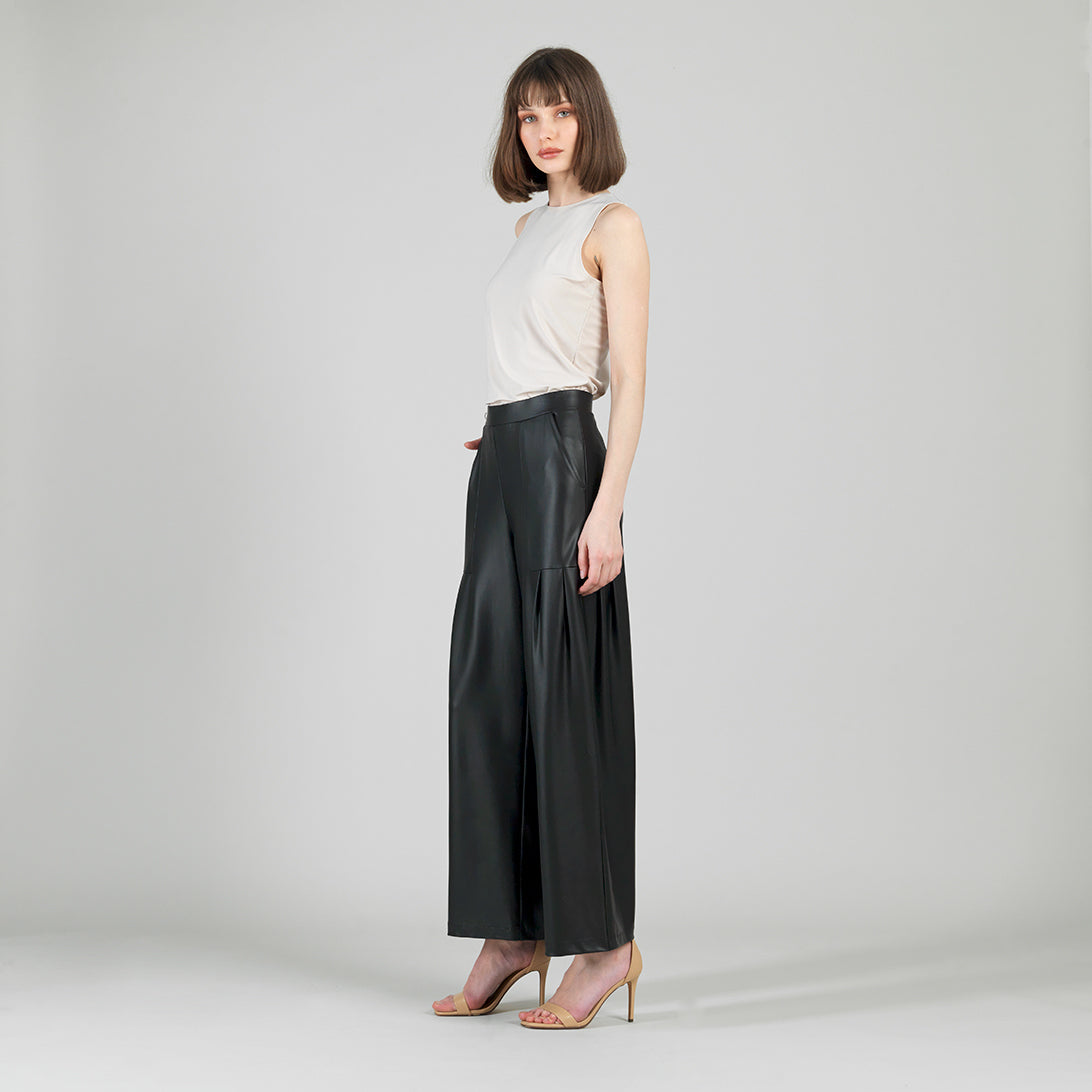 Liquid Leather™ - Sheen Pleated Wide Leg Pocket Pant - Black | Clara Sunwoo Everyday
