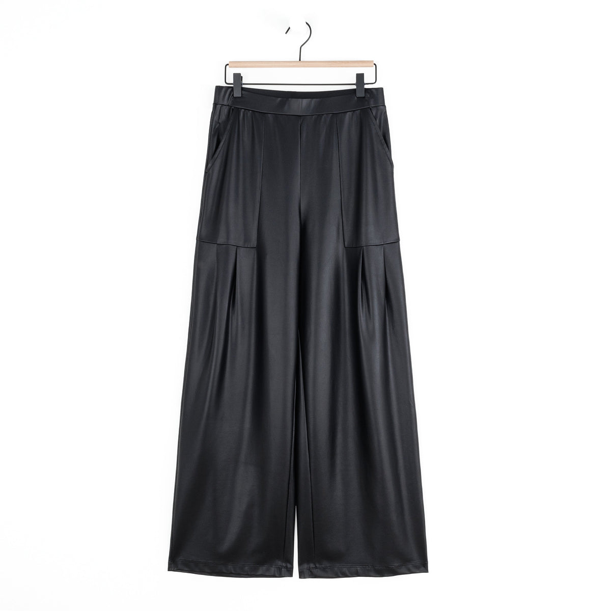 Liquid Leather™ - Sheen Pleated Wide Leg Pocket Pant - Black | Clara Sunwoo Everyday