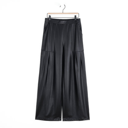 Liquid Leather™ - Sheen Pleated Wide Leg Pocket Pant - Black | Clara Sunwoo Everyday