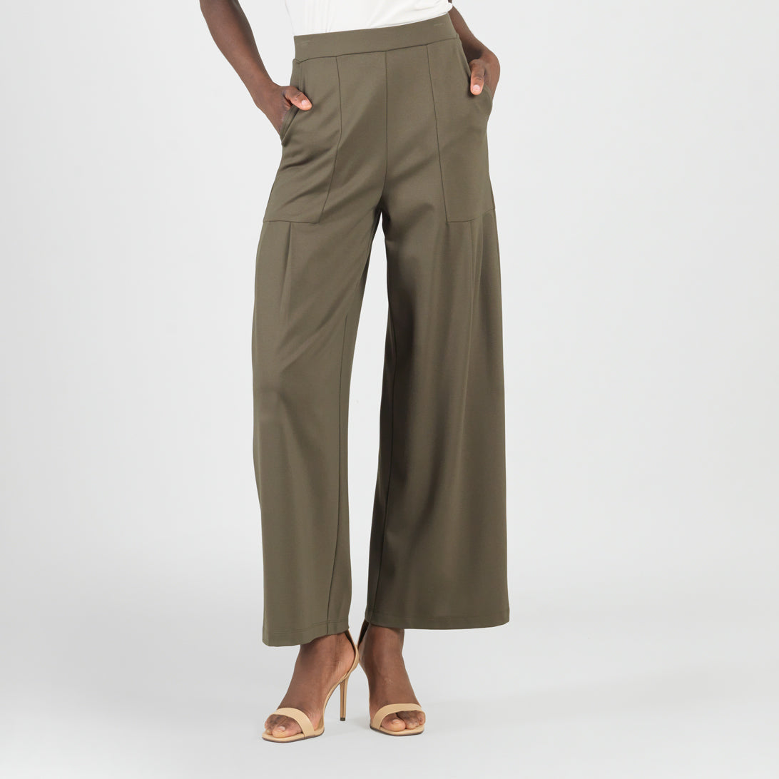 Rayon-Ponte Knit - Pleated Wide Leg Pocket Pant - Olive - Limited Sizes | Clara Sunwoo Quality