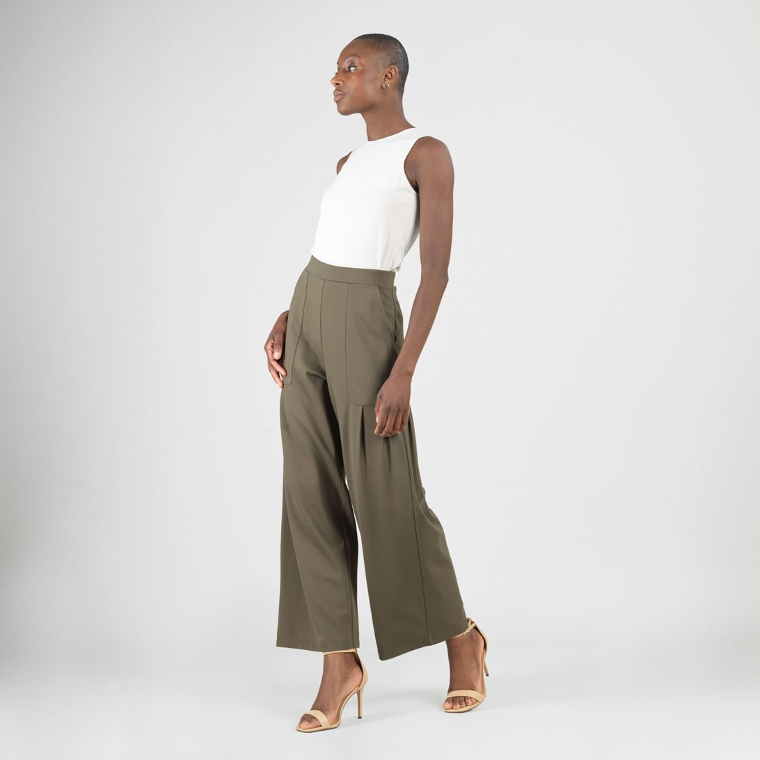 Rayon-Ponte Knit - Pleated Wide Leg Pocket Pant - Olive - Limited Sizes | Clara Sunwoo Quality