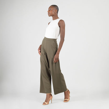 Rayon-Ponte Knit - Pleated Wide Leg Pocket Pant - Olive - Limited Sizes | Clara Sunwoo Quality