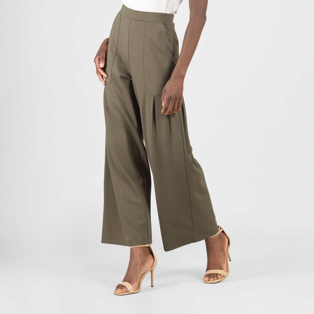 Rayon-Ponte Knit - Pleated Wide Leg Pocket Pant - Olive - Limited Sizes | Clara Sunwoo Quality