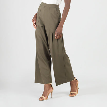 Rayon-Ponte Knit - Pleated Wide Leg Pocket Pant - Olive - Limited Sizes | Clara Sunwoo Quality