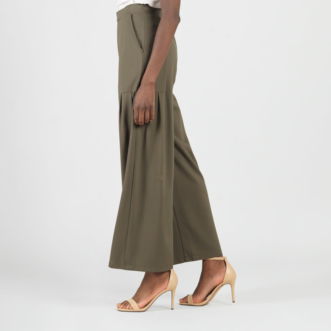 Rayon-Ponte Knit - Pleated Wide Leg Pocket Pant - Olive - Limited Sizes | Clara Sunwoo Quality