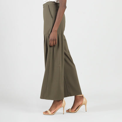 Rayon-Ponte Knit - Pleated Wide Leg Pocket Pant - Olive - Limited Sizes | Clara Sunwoo Quality