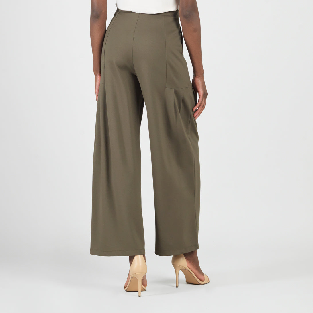 Rayon-Ponte Knit - Pleated Wide Leg Pocket Pant - Olive - Limited Sizes | Clara Sunwoo Quality