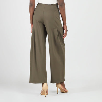 Rayon-Ponte Knit - Pleated Wide Leg Pocket Pant - Olive - Limited Sizes | Clara Sunwoo Quality