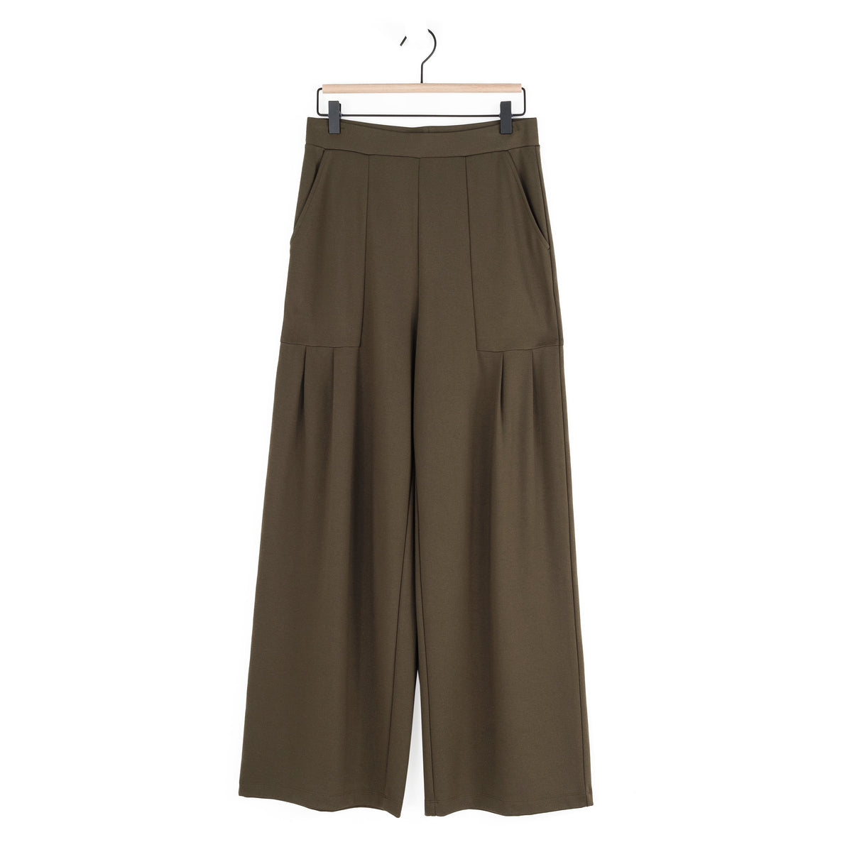 Rayon-Ponte Knit - Pleated Wide Leg Pocket Pant - Olive - Limited Sizes | Clara Sunwoo Quality