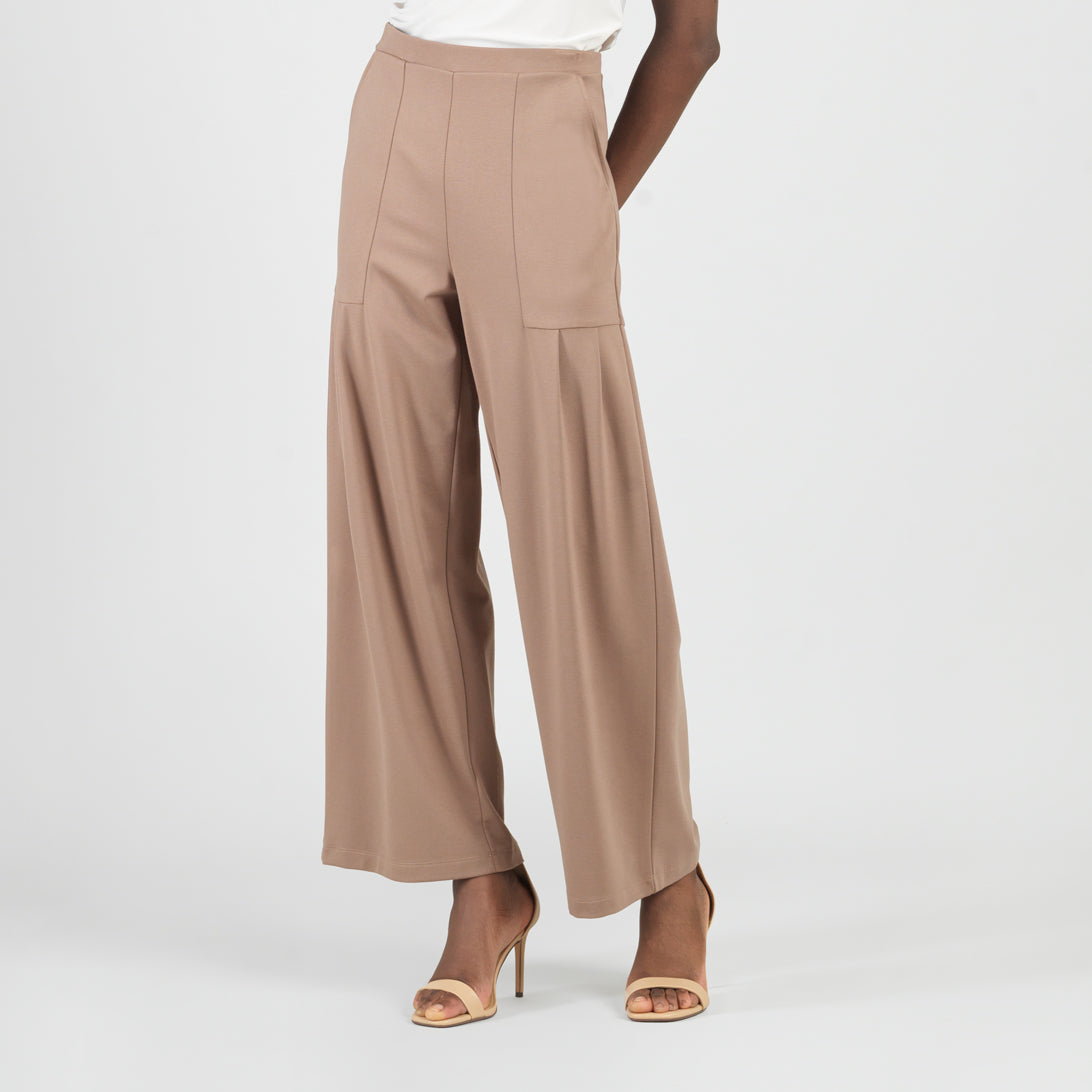 Rayon-Ponte Knit - Pleated Wide Leg Pocket Pant - Taupe - Limited Sizes | Clara Sunwoo Sale