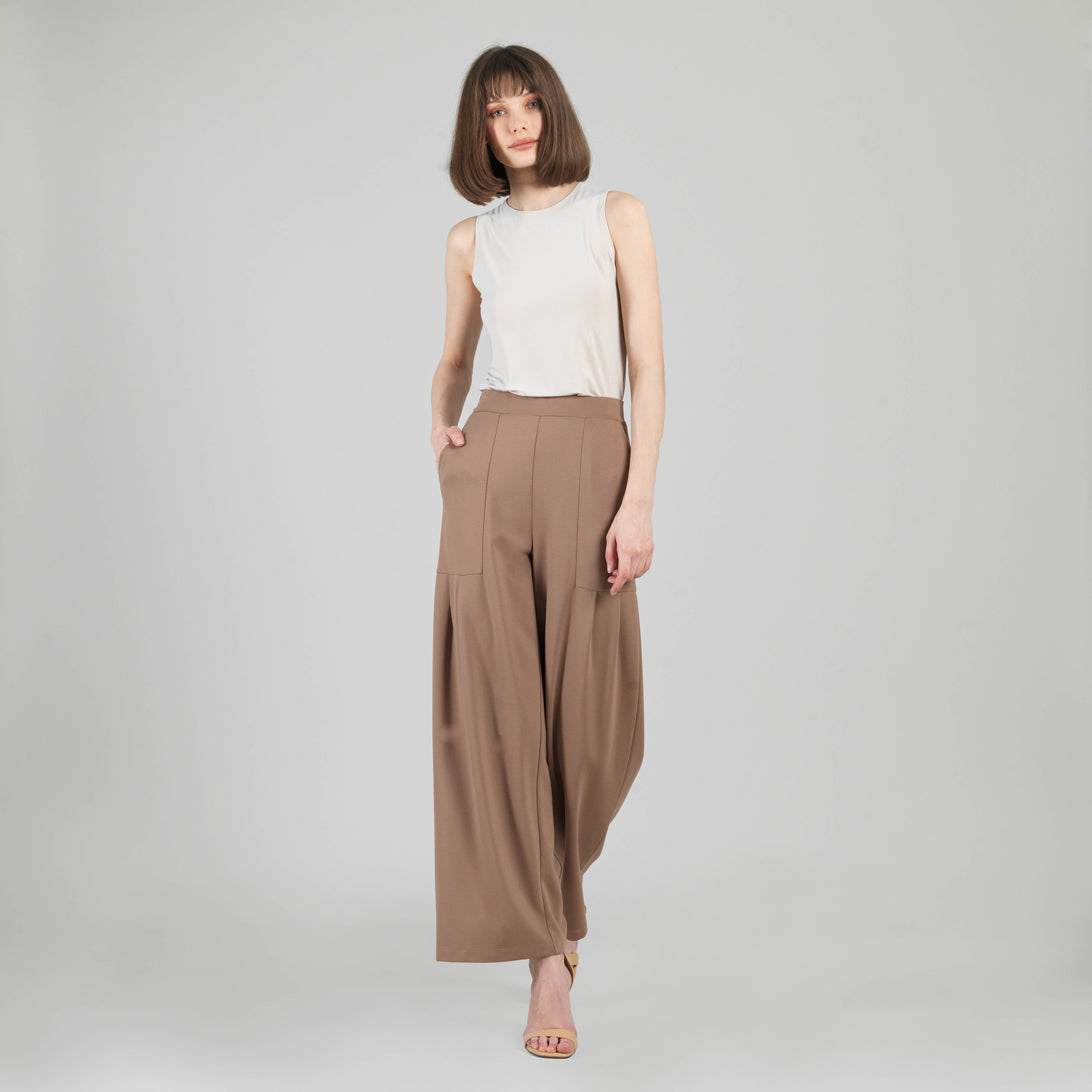 Rayon-Ponte Knit - Pleated Wide Leg Pocket Pant - Taupe - Limited Sizes | Clara Sunwoo Sale