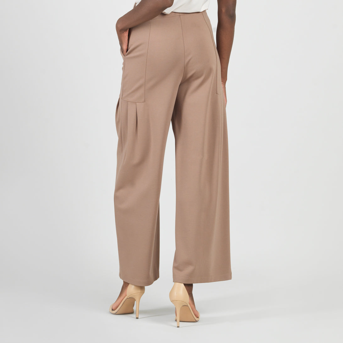 Rayon-Ponte Knit - Pleated Wide Leg Pocket Pant - Taupe - Limited Sizes | Clara Sunwoo Sale