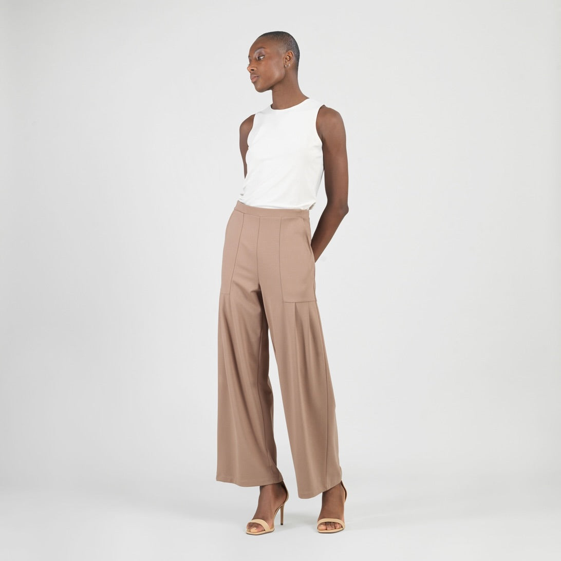 Rayon-Ponte Knit - Pleated Wide Leg Pocket Pant - Taupe - Limited Sizes | Clara Sunwoo Sale