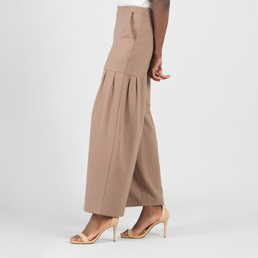 Rayon-Ponte Knit - Pleated Wide Leg Pocket Pant - Taupe - Limited Sizes | Clara Sunwoo Sale