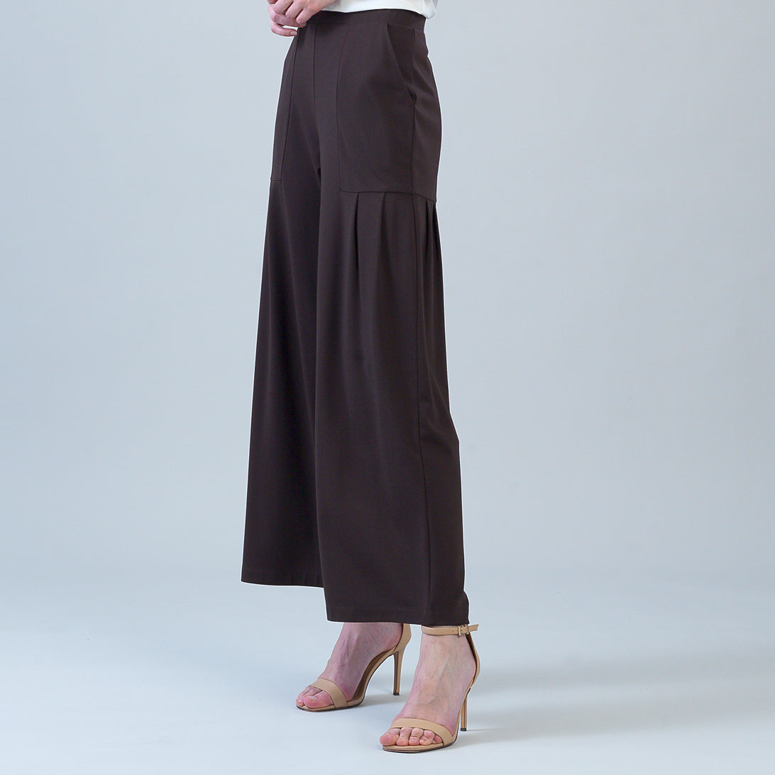 Rayon-Ponte Knit - Pleated Wide Leg Pocket Pant - Brown | Clara Sunwoo Best Price