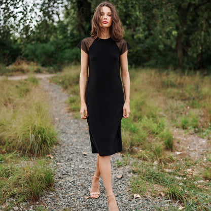Mesh Cap Sleeve Midi Dress - Black | Clara Sunwoo Premium