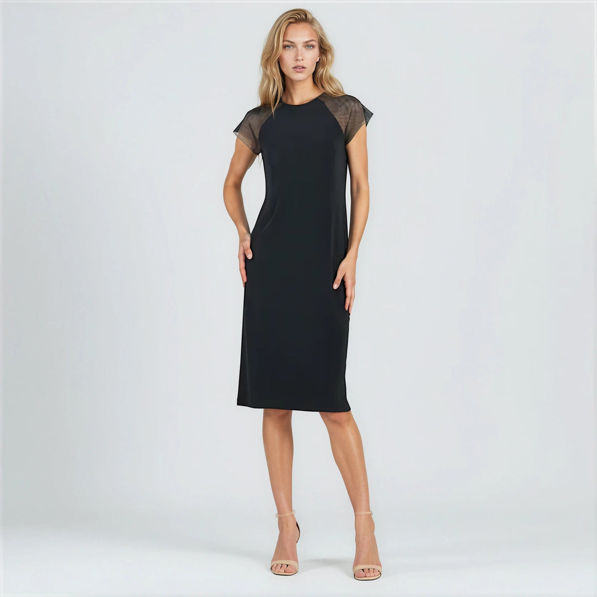 Mesh Cap Sleeve Midi Dress - Black | Clara Sunwoo Premium