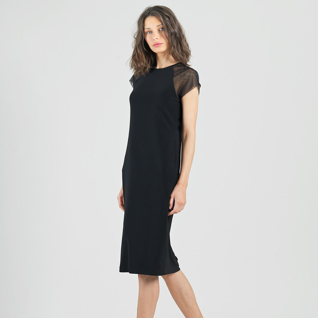 Mesh Cap Sleeve Midi Dress - Black | Clara Sunwoo Premium