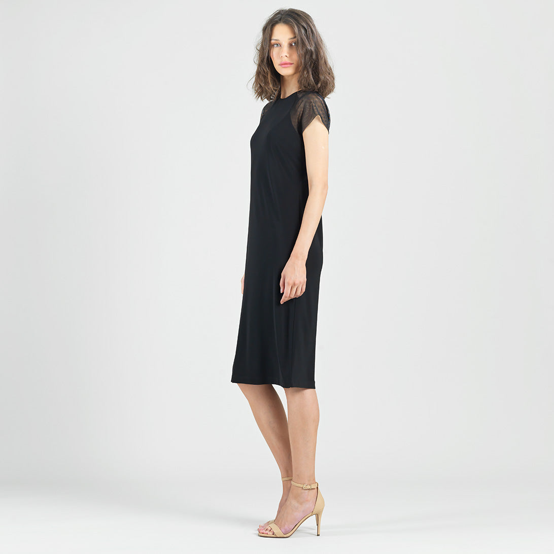 Mesh Cap Sleeve Midi Dress - Black | Clara Sunwoo Premium