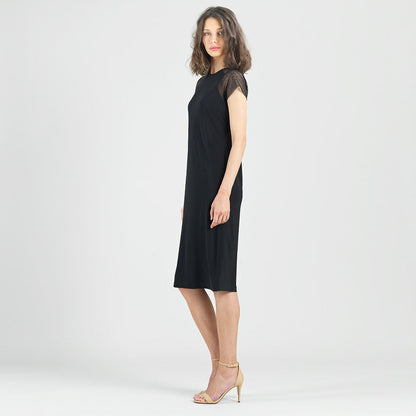 Mesh Cap Sleeve Midi Dress - Black | Clara Sunwoo Premium