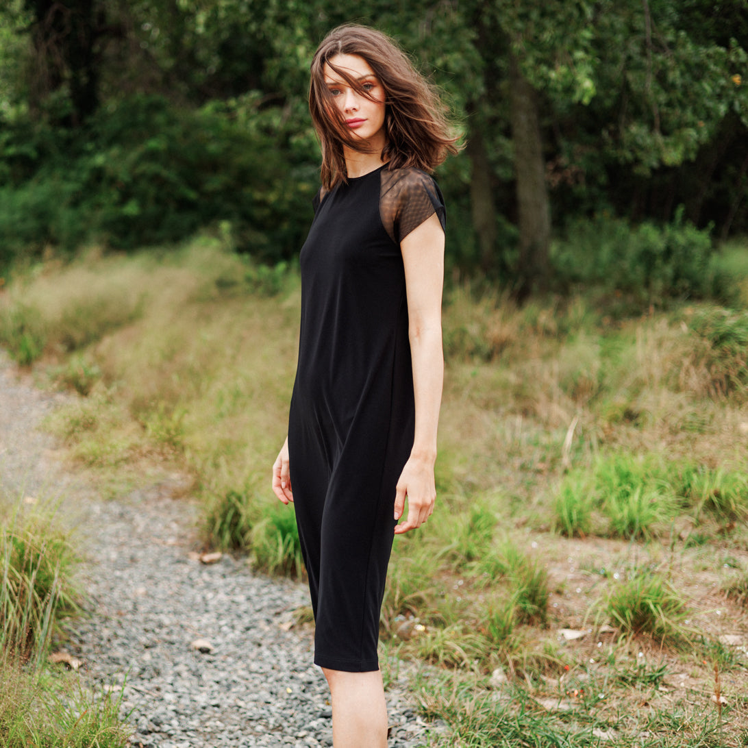 Mesh Cap Sleeve Midi Dress - Black | Clara Sunwoo Premium