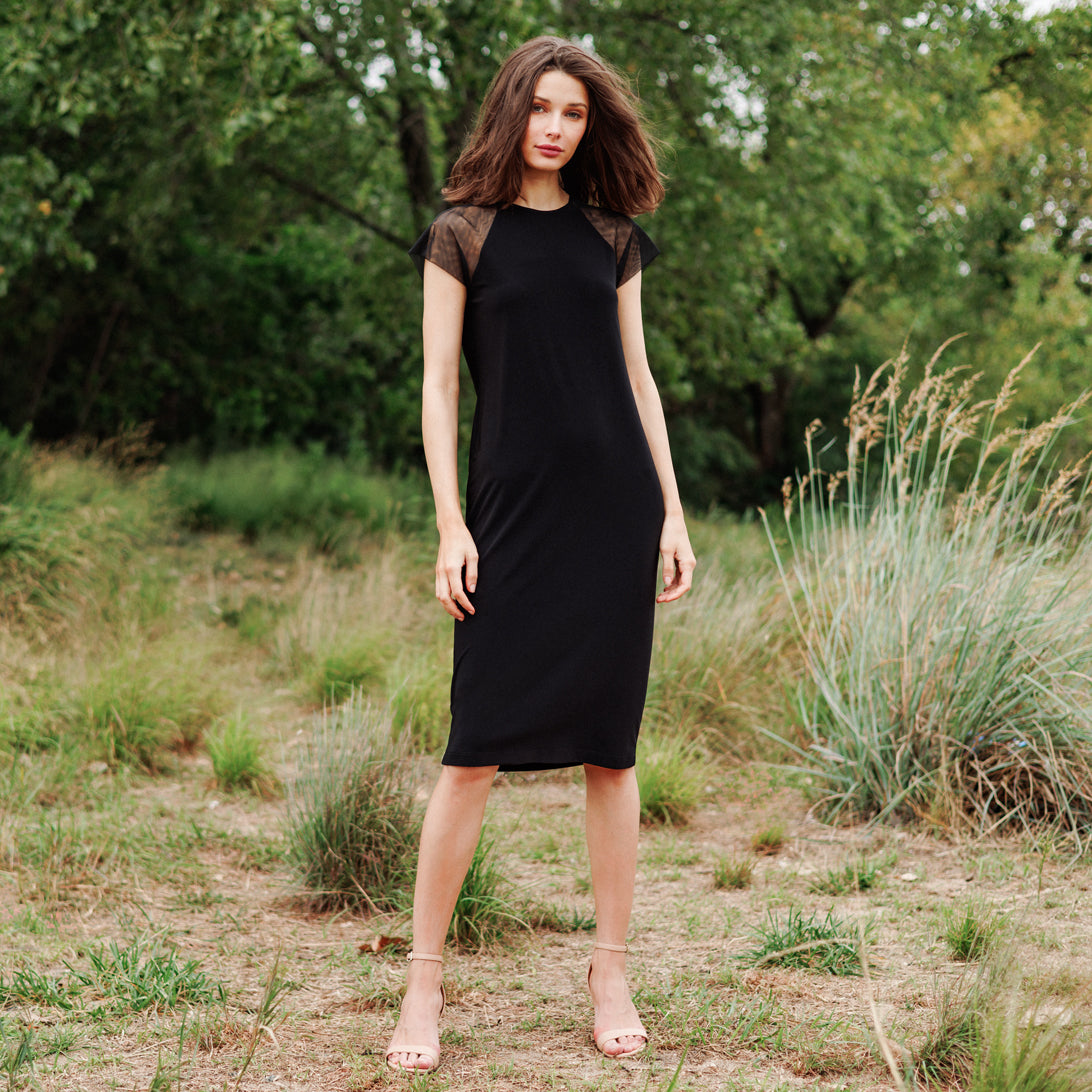 Mesh Cap Sleeve Midi Dress - Black | Clara Sunwoo Premium