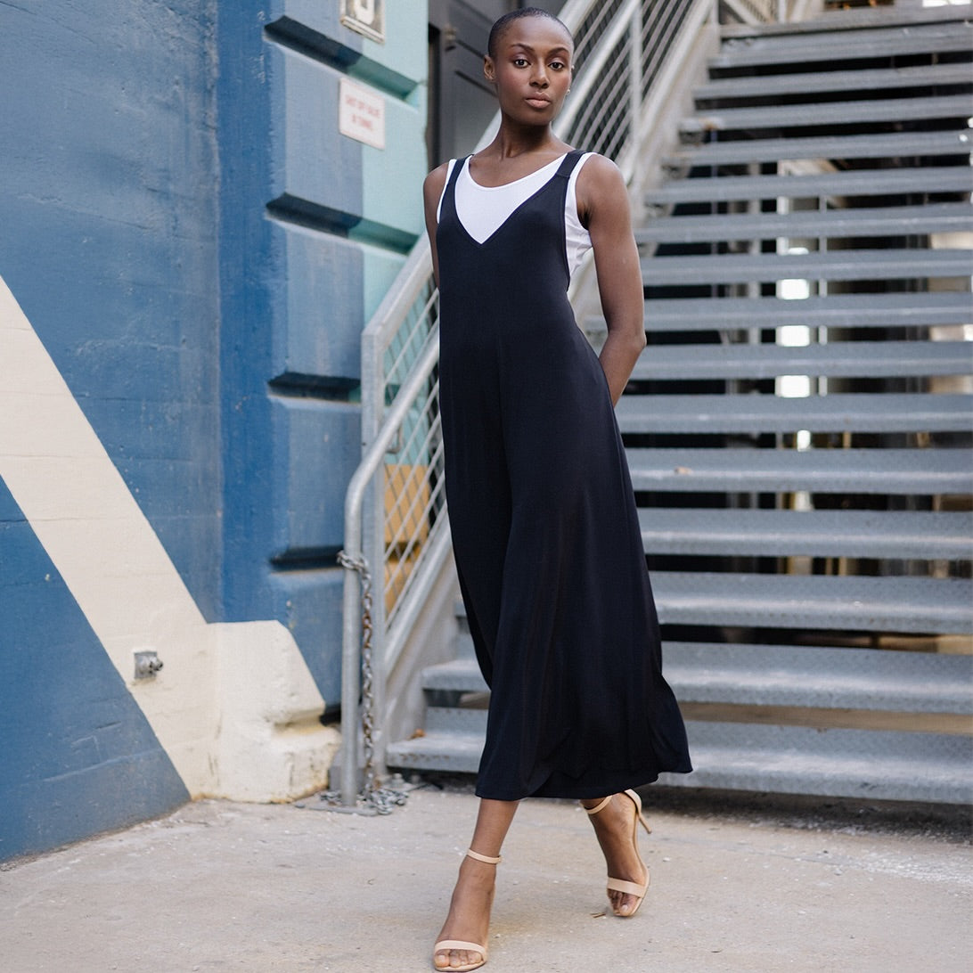 V-Neck Cross Back Jumpsuit - Black - Final Sale | Clara Sunwoo Sale