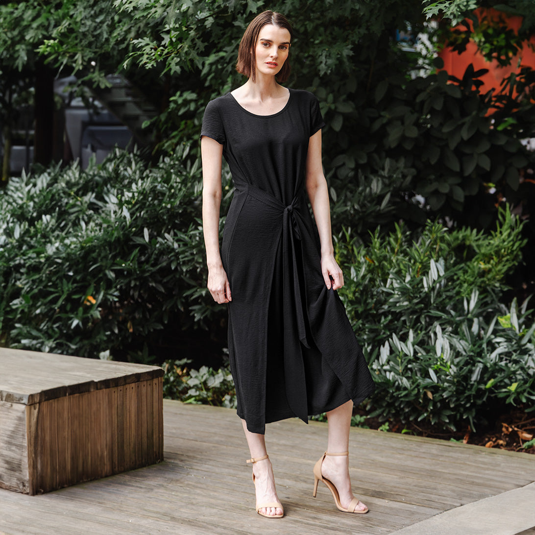Soft Textured Rayon - Tie Wrap Overlay Midi Dress - Black - Final Sale! | Clara Sunwoo Deals