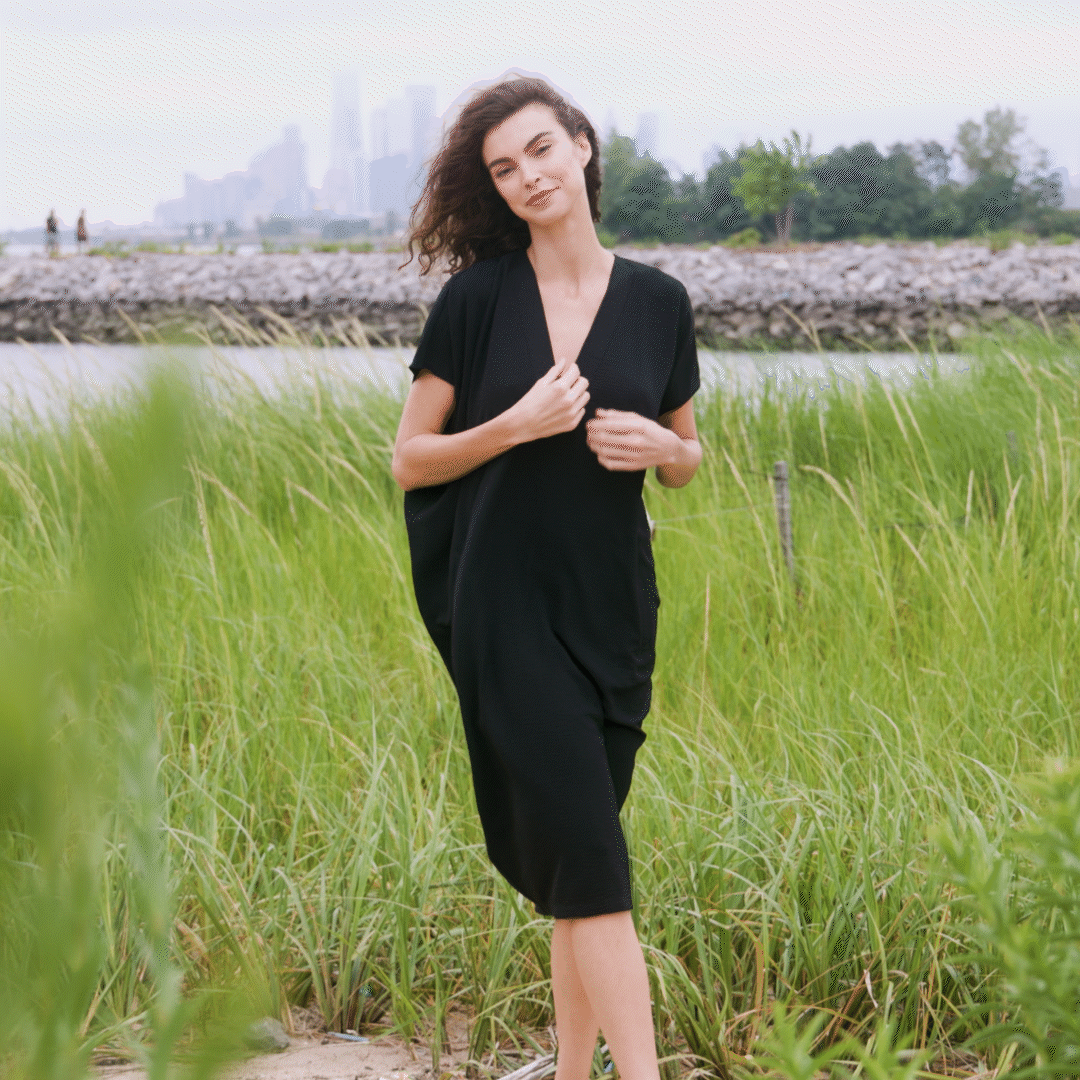Textured Rayon - Caftan Pocket Dress - Black - Final Sale | Clara Sunwoo Essential