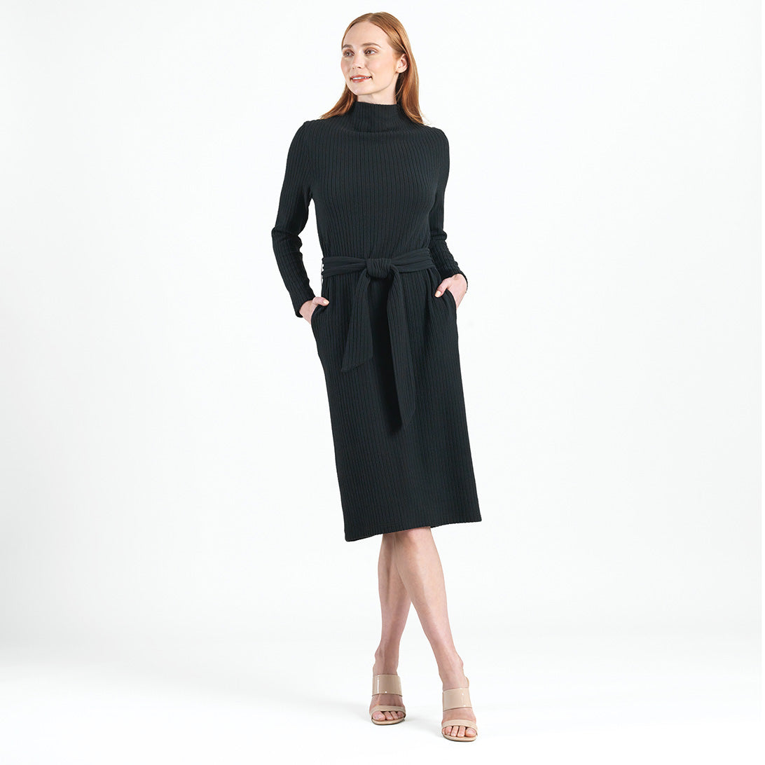 Chunky Ribbed - Tie Waist Pocket Midi Sweater Dress - Black - Final Sale! | Clara Sunwoo Quality