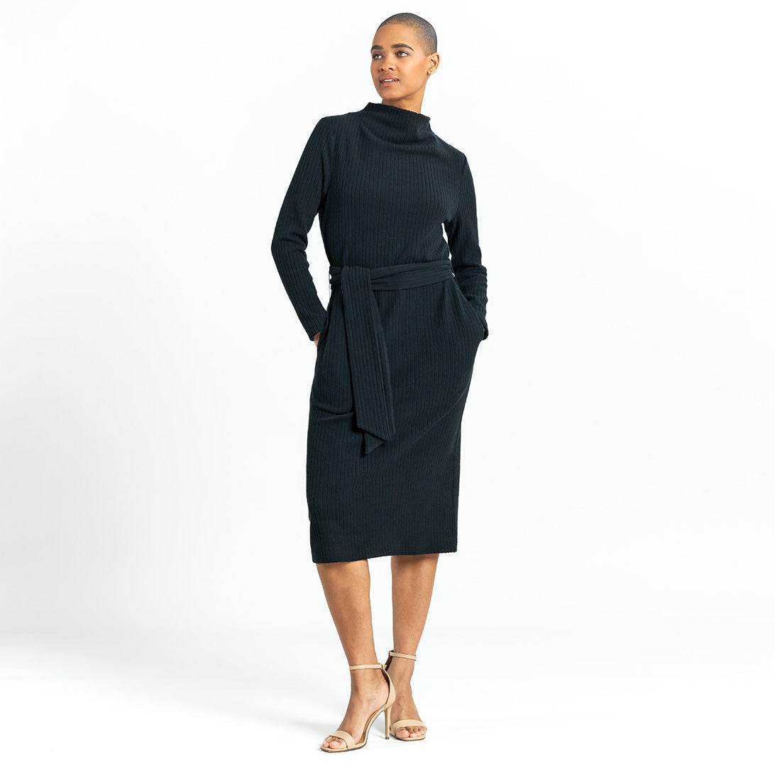Chunky Ribbed - Tie Waist Pocket Midi Sweater Dress - Black - Final Sale! | Clara Sunwoo Quality