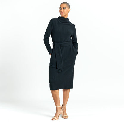 Chunky Ribbed - Tie Waist Pocket Midi Sweater Dress - Black - Final Sale! | Clara Sunwoo Quality