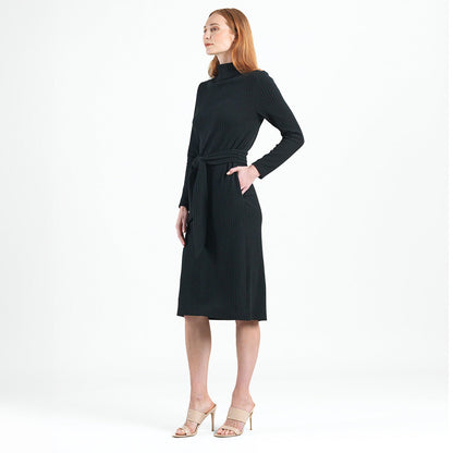 Chunky Ribbed - Tie Waist Pocket Midi Sweater Dress - Black - Final Sale! | Clara Sunwoo Quality