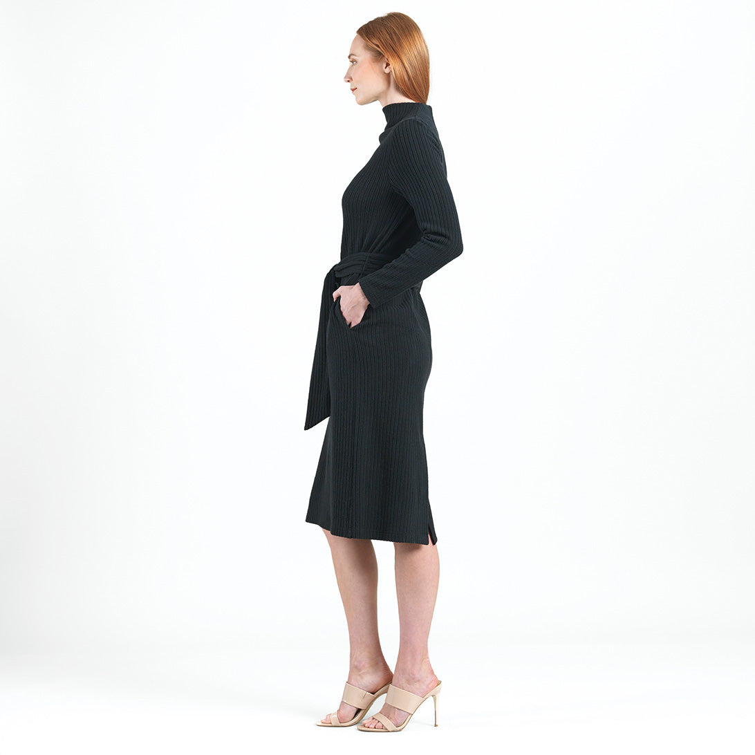 Chunky Ribbed - Tie Waist Pocket Midi Sweater Dress - Black - Final Sale! | Clara Sunwoo Quality