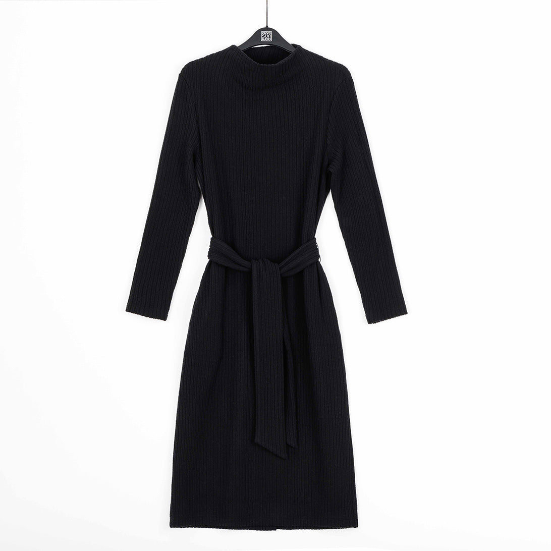 Chunky Ribbed - Tie Waist Pocket Midi Sweater Dress - Black - Final Sale! | Clara Sunwoo Quality