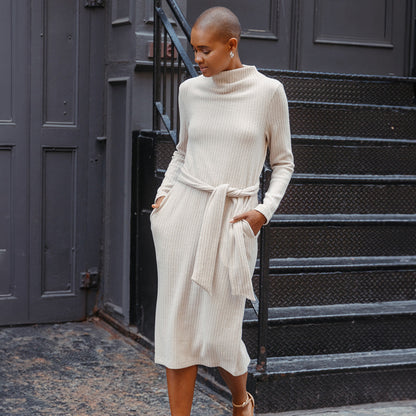 Chunky Ribbed - Tie Waist Pocket Midi Sweater Dress - Sand - Final Sale! | Clara Sunwoo Deals