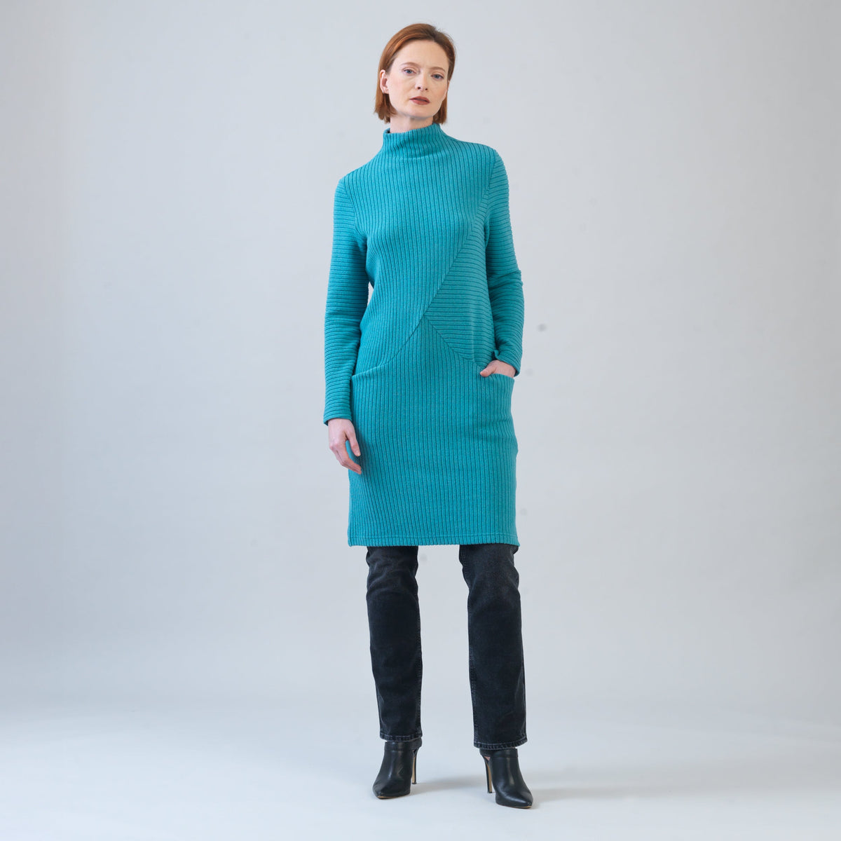 Chunky Ribbed - Tunic Pocket Sweater Dress - Teal - Final Sale! | Clara Sunwoo Signature