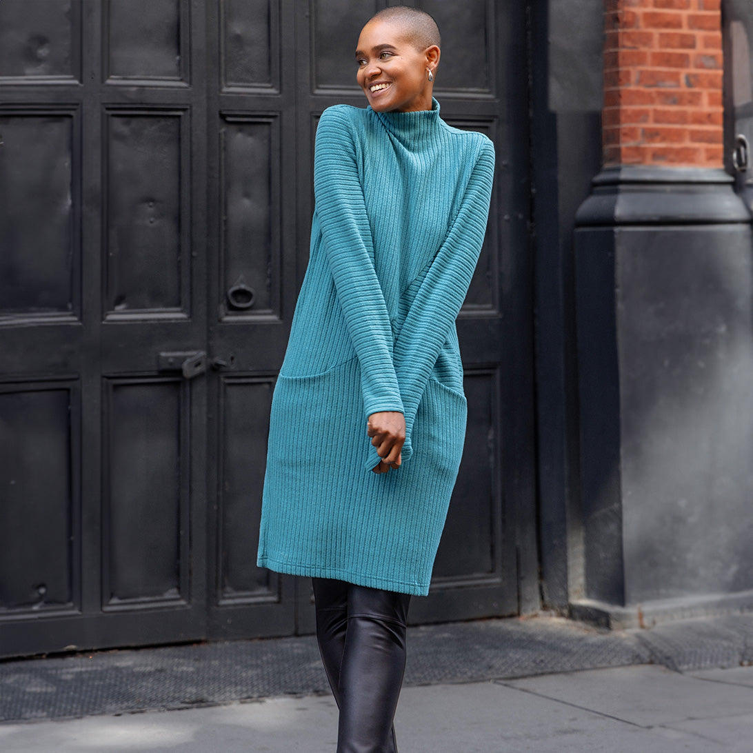 Chunky Ribbed - Tunic Pocket Sweater Dress - Teal - Final Sale! | Clara Sunwoo Signature