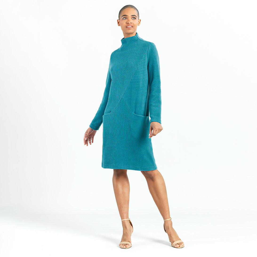 Chunky Ribbed - Tunic Pocket Sweater Dress - Teal - Final Sale! | Clara Sunwoo Signature