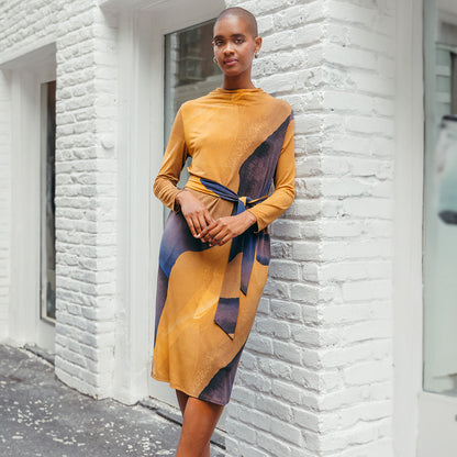 Tie Waist Pocket Midi Dress - Tan Watercolor - Final Sale! | Clara Sunwoo Latest