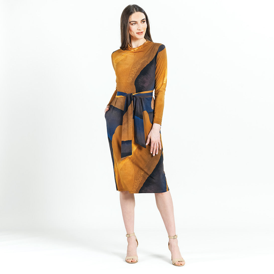 Tie Waist Pocket Midi Dress - Tan Watercolor - Final Sale! | Clara Sunwoo Latest